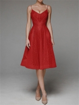 Red Straps Low Cut Embroidered Luxury Women's Midi Skirt Dress