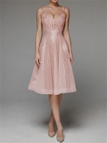 Pink Straps Low Cut Embroidered Luxury Women's Midi Skirt Dress