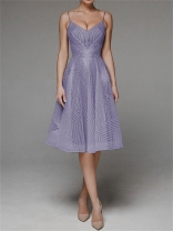 Purple Straps Low Cut Embroidered Luxury Women's Midi Skirt Dress