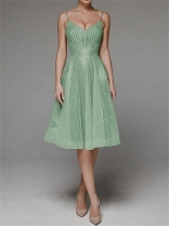 Green Straps Low Cut Embroidered Luxury Women's Midi Skirt Dress