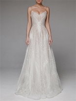 Beige Straps Low Cut Embroidered Luxury Women's Prom Long Skirt Wedding Dress