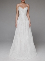 White Straps Low Cut Embroidered Luxury Women's Prom Long Skirt Wedding Dress