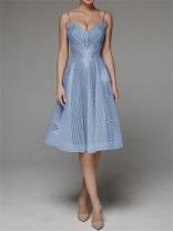 Blue Straps Low Cut Embroidered Luxury Women's Midi Skirt Dress