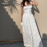 White Boat Neck Halter Embroidery Pleated Waist Casual Women's Long Dress