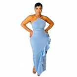 Blue Sleeveless Halter Lace Up Crop Tops Ruffles Slit Bodycon Long Dress