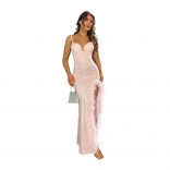 Pink Straps Low Cut V Neck Sequins Bodycon High Slit Feather Maxi Dress