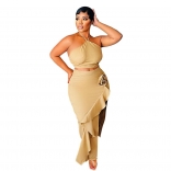 Beige Sleeveless Halter Lace Up Crop Tops Ruffles Slit Bodycon Long Dress