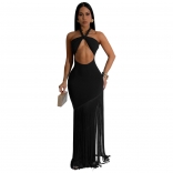 Black Elegant Women's Bandage Snatched Tassels Evening Bodycon Long Dress