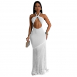 White Elegant Women's Bandage Snatched Tassels Evening Bodycon Long Dress