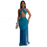 Blue Elegant Women's Bandage Snatched Tassels Evening Bodycon Long Dress