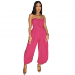 Rose Red Casual Off the Shoulder Lace Up Wide Leg Fashion Rompers Dress