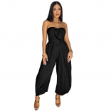 Black Casual Off the Shoulder Lace Up Wide Leg Fashion Rompers Dress