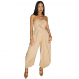 Beige Casual Off the Shoulder Lace Up Wide Leg Fashion Rompers Dress