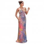Blue Straps Low Cut Sequins Printed Slim Fit Bodycon Elegant Prom Dress