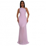 Pink Sleeveless Single Shoulder Mesh Pleated Evening Elegant Long Dress