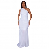 White Sleeveless Single Shoulder Mesh Pleated Evening Elegant Long Dress