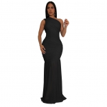 Black Sleeveless Single Shoulder Mesh Pleated Evening Elegant Long Dress