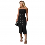 Black Off Shoulder Lace Up Bandage Two Pieces Slit Elegant Midi Dress
