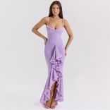 Purple Straps Off Shoulder Low Cut Ruffles Mesh Elegant Evening Prom Dress