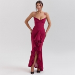 Claret Straps Off Shoulder Low Cut Ruffles Mesh Elegant Evening Prom Dress