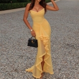 Yellow Straps Off Shoulder Low Cut Ruffles Mesh Elegant Evening Prom Dress