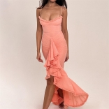 Pink Straps Off Shoulder Low Cut Ruffles Mesh Elegant Evening Prom Dress