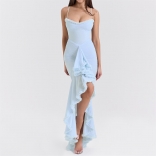 Blue Straps Off Shoulder Low Cut Ruffles Mesh Elegant Evening Prom Dress