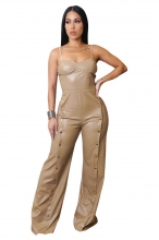 Khaki Straps Low Cut PU Leather Button Wide Leg Casual Sexy Jumpsuit