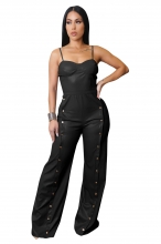 Black Straps Low Cut PU Leather Button Wide Leg Casual Sexy Jumpsuit