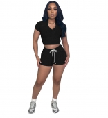 Black Short Sleeve V Neck Women's Thread Washing Two Pieces Short Sets