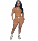 Khaki Short Sleeve V Neck Women's Thread Washing Two Pieces Short Sets
