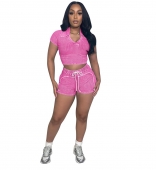 Pink Short Sleeve V Neck Women's Thread Washing Two Pieces Short Sets