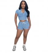 Sky Blue Short Sleeve V Neck Women's Thread Washing Two Pieces Short Sets