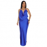 Blue Straps Low Cut Backless Fashion Women Evening Party Long Dress