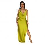 Yellow Straps Low Cut Backless Fashion Women Evening Party Long Dress