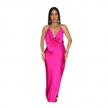 Rose Red Straps Low Cut Backless Fashion Women Evening Party Long Dress