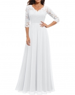 White Half Sleeve Lace Hollow Out Luxury Pleated Mesh Evening Birthday Long Dress