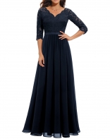 Royal Blue Half Sleeve Lace Hollow Out Luxury Pleated Mesh Evening Birthday Long Dress
