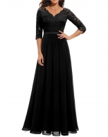 Black Half Sleeve Lace Hollow Out Luxury Pleated Mesh Evening Birthday Long Dress