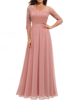 Pink Half Sleeve Lace Hollow Out Luxury Pleated Mesh Evening Birthday Long Dress