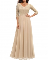 Apricot Half Sleeve Lace Hollow Out Luxury Pleated Mesh Evening Birthday Long Dress