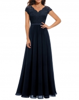 Royal Blue Short Sleeve Lace Hollow Out Luxury Pleated Mesh Evening Birthday Long Dress