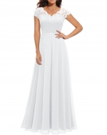 White Short Sleeve Lace Hollow Out Luxury Pleated Mesh Evening Birthday Long Dress