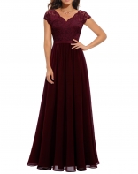 Claret Short Sleeve Lace Hollow Out Luxury Pleated Mesh Evening Birthday Long Dress