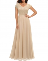 Apricot Short Sleeve Lace Hollow Out Luxury Pleated Mesh Evening Birthday Long Dress