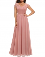 Pink Short Sleeve Lace Hollow Out Luxury Pleated Mesh Evening Birthday Long Dress