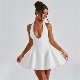 White Straps Deep V Neck Sleeveless Slim Fit Party Women's Mini Skirt Dress