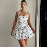 White Strapless Printed Dots Lace Up Bandage Sexy Mini Skirt Dress