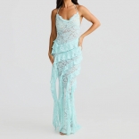 Light Blue Straps V Neck Lace See Through Hollow Out Women Evening Dress