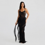 Black Straps V Neck Lace See Through Hollow Out Women Evening Dress